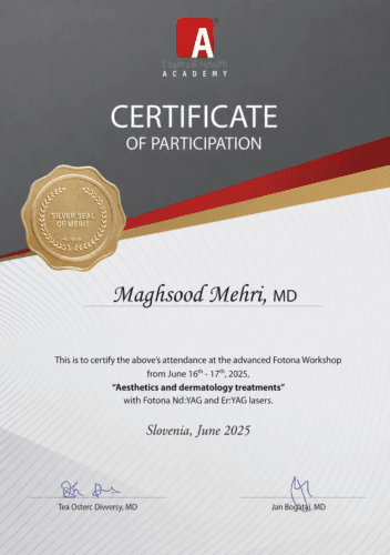 Certificate of participation in the advanced Fotona workshop on aesthetic and dermatology treatments using Nd:YAG and Er:YAG lasers, held in Slovenia on 16 and 17 June 2025.