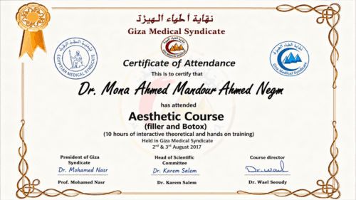 Aesthetic course certificate for completing 10 hours of theoretical and hands-on training in dermal fillers and Botox at Giza Medical Syndicate in August 2017.