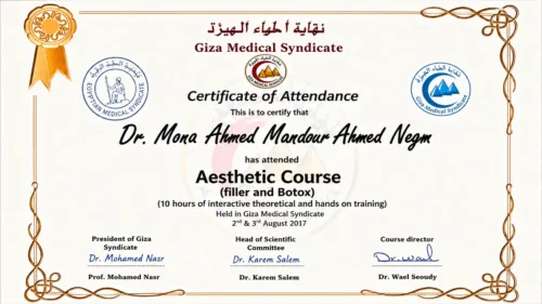 شهادة دورة تجميلية بعد إتمام ١٠ ساعات تدريب نظري وعملي على الفيلر والبوتوكس بنقابة أطباء الجيزة، أغسطس ٢٠١٧