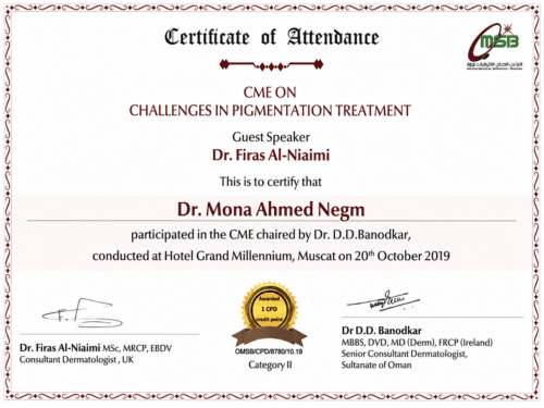 CME certificate of attendance for professional training on challenges in pigmentation treatment, held in Muscat, Oman, on 20 October 2019.