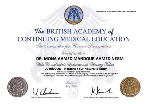 Dr. Mona Negm BACME accredited LUMINOUS medical education certificate in Oman