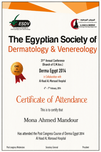 Certificate of attendance for the Derma Egypt 2014 Post Congress Course, organised by the Egyptian Society of Dermatology and Venereology at Al-Haad Al-Marsoud Hospital.