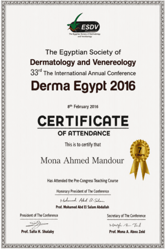 Certificate of attendance for the Derma Egypt 2016 Pre-Congress Teaching Course, organised by the Egyptian Society of Dermatology and Venereology on 8 February 2016.