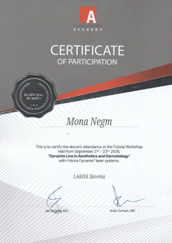 Dr. Mona Negm Fotona Dynamis Laser Training Certificate in Aesthetic Dermatology, Slovenia 2026