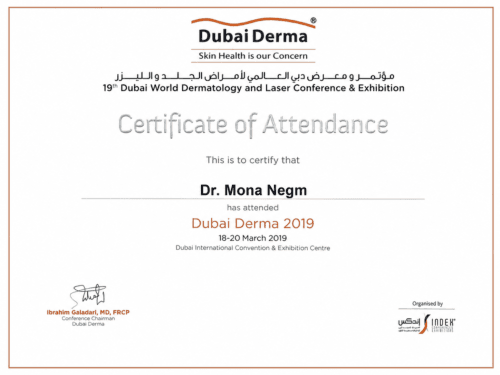 Certificate of attendance for Dubai Derma 2019, the 19th Dubai World Dermatology and Laser Conference and Exhibition, held from 18 to 20 March 2019.