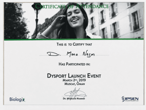 Certificate of attendance for participation in the Dysport Launch Event held in Muscat, Oman, on 2 March 2019.