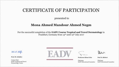 EADV Tropical and Travel Dermatology course participation certificate for successful completion of the dermatology training held in Frankfurt, Germany, in July 2017.