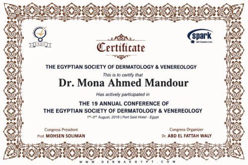 Certificate of participation in the 19th Annual Conference of the Egyptian Society of Dermatology and Venereology, held in Port Said, Egypt, from 1 to 3 August 2016.