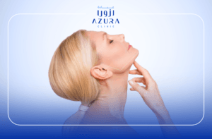 Woman highlighting the jawline and neck area, representing Fotona laser and mesotherapy treatment for facial contouring and skin tightening at Azura Clinic.