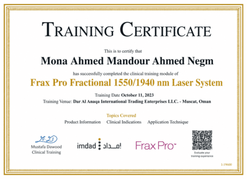Clinical training certificate for completing the Frax Pro Fractional 1550/1940 nm Laser System module in Muscat, Oman, on 11 October 2023.
