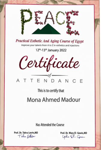 Certificate of attendance for the Practical Esthetic and Aging Course of Egypt, focused on aesthetic medicine and injection techniques, held on 12 and 13 January 2022.