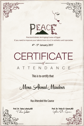 Certificate of attendance for the Practical Esthetic Anti-Aging Course of Egypt, focused on aesthetic treatments and injectable techniques, held on 4 and 5 January 2017.