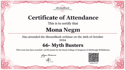 iBreastBook Myth Busters webinar attendance certificate awarded for completing the breast health education session on 26 October 2024.