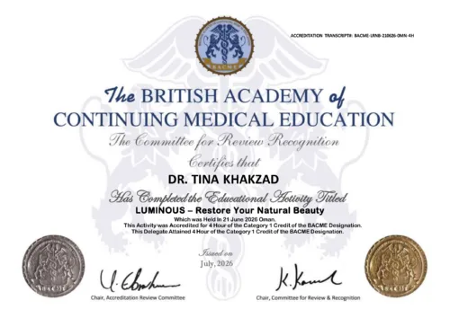 Tina Khakzad BACME accredited LUMINOUS medical education certificate in Oman