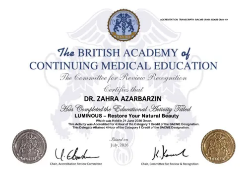 Zahra Azarbarzin BACME accredited LUMINOUS medical education certificate in Oman