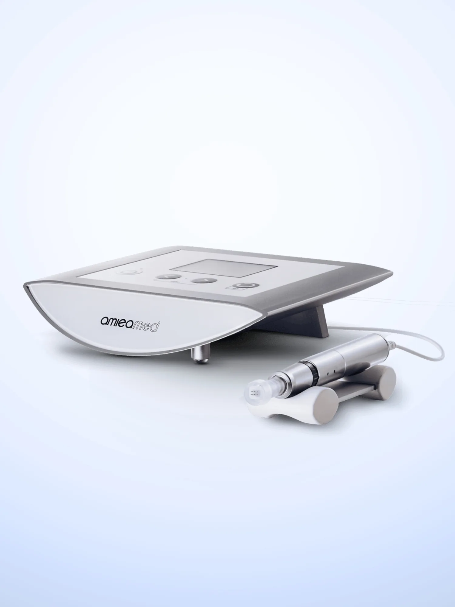 A clinical product shot of the AmieaMed Exceed medical microneedling device showing the main control console and the treatment handpiece against a plain background