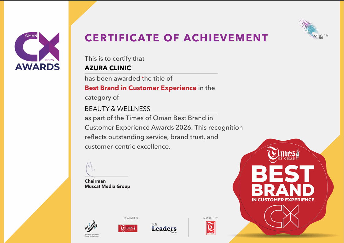 Azura Clinic Oman CX Award Certificate 2026 for Best Brand in Customer Experience