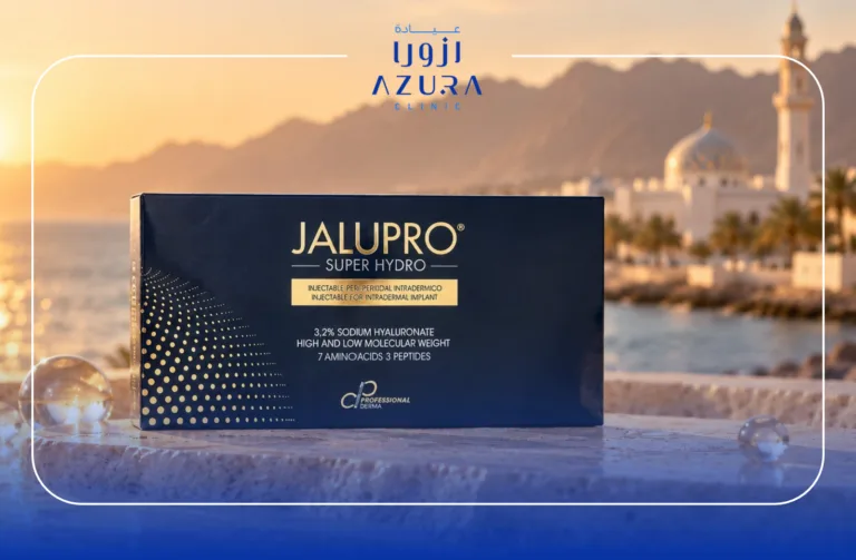 Jalupro Super Hydro skin booster product with an Omani coastal background, representing deep skin hydration and rejuvenation at Azura Clinic in Muscat, Oman. Copy